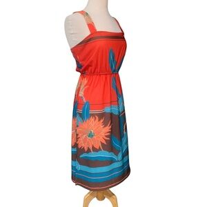 Vntg 70’s tropical print sleeveless midi dress size 8